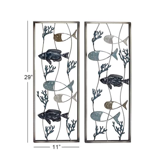 Set of 2 Blue Metal Coastal Fish Wall Decor, 11" x 29"
